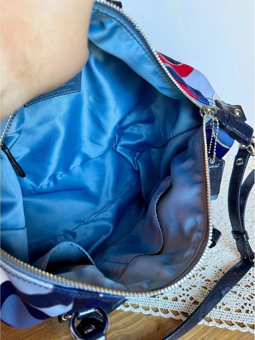 Coach 21233 Kristin Op Art Satin Satchel Crossbody Bag Blue Red Patent Leather